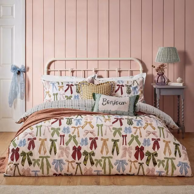 Noortje Bows Trending Reversible Duvet Cover Set in Pink, Green and Blue, Single, 90 x 190 cm