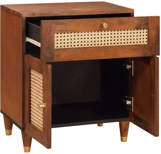 Berkfield Home Brown Cane and Solid Mango Wood Bedside Table with Drawer – 1