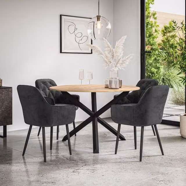 More4Homes Malvern Round Dining Table and Anika Velvet Dining Chair Set, Oak Top with Black Legs and 4 Chairs – 1