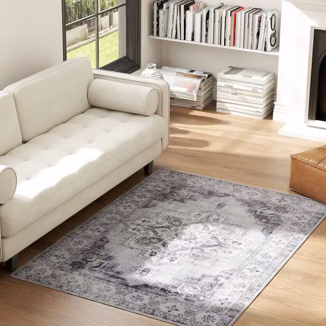 HOMCOM Grey Flannel Non-Slip Washable Floral Vintage Rectangular Rug for your Living Room, W: 200 cm, D: 290 cm – 1