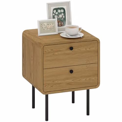 HOMCOM Modern Bedside Table with 2 Drawers in Oak