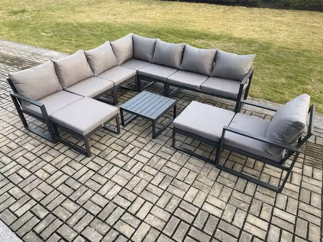 Fimous Powder Coated Aluminium L-Shape Outdoor Garden Furniture Set in Dark Grey with Corner Sofa, Coffee Table and 2 Ottomans