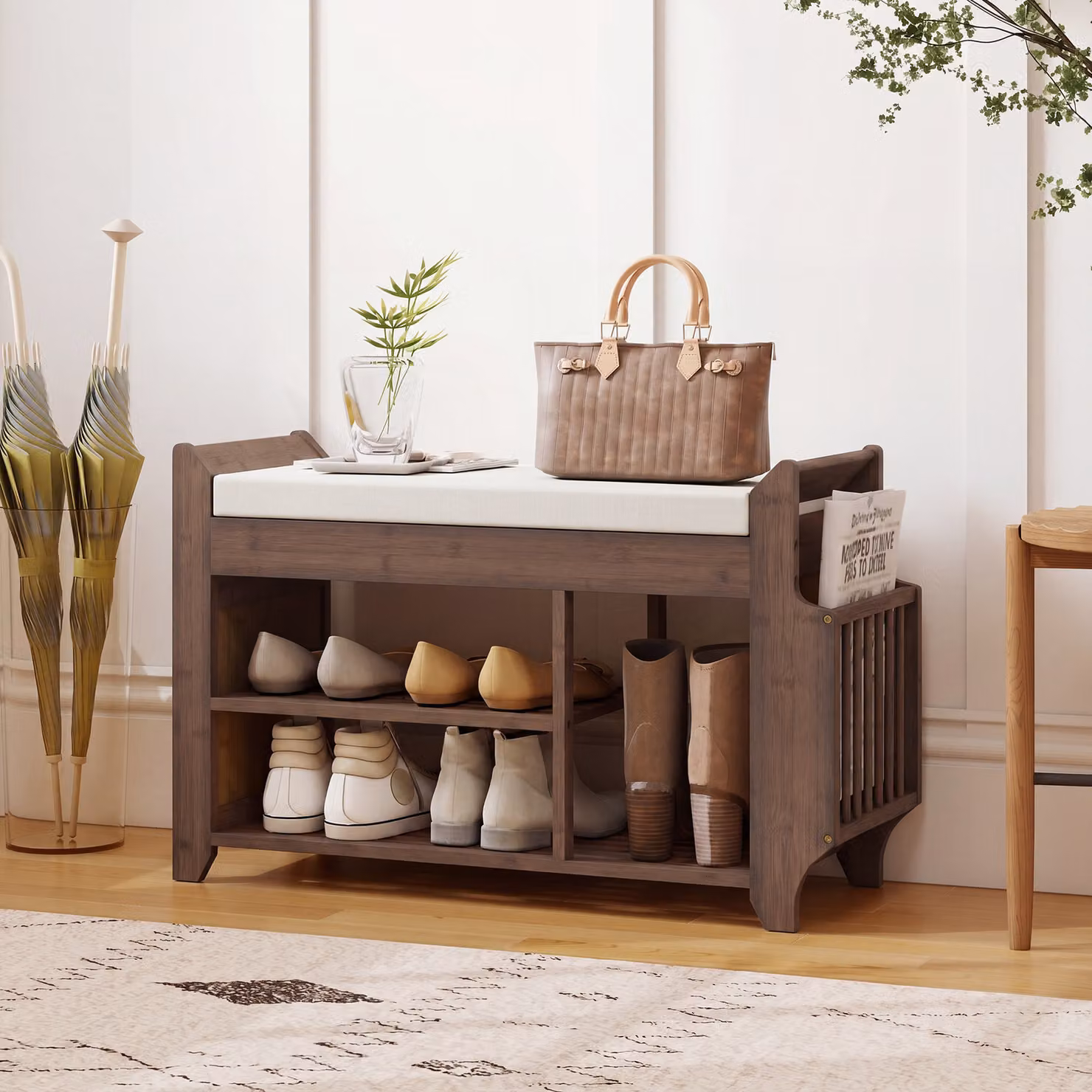 HOMCOM 2-Tier Shoe Bench with Cushioned Seat and Storage Rack, Brown and Beige, W: 100 cm, D: 30 cm, H: 50 cm – 2