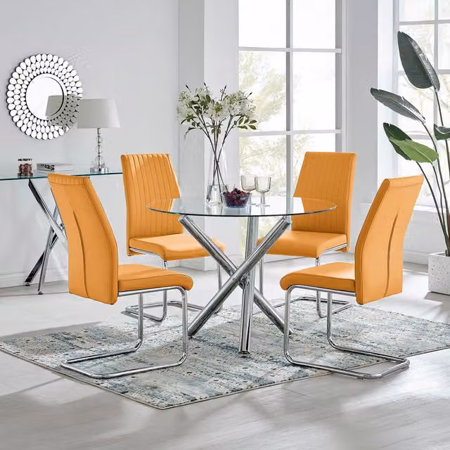 FurnitureboxUK Selina Round Glass and Chrome Dining Table and Four Lorenzo Chairs Set in Yellow
