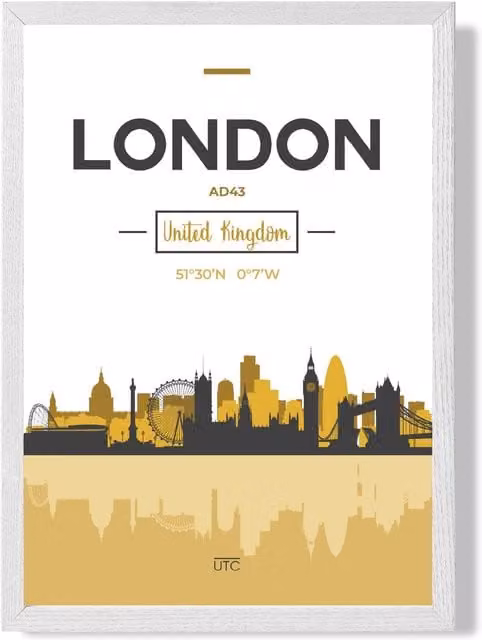 ARTZE London Yellow and Black City Skyline Framed Print in White, A4
