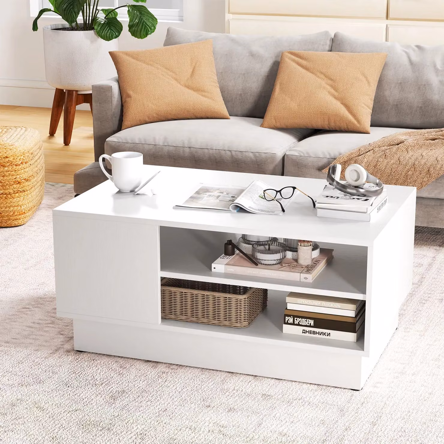 Costway Modern Rectangular Coffee Table with Storage Shelves in White – 2