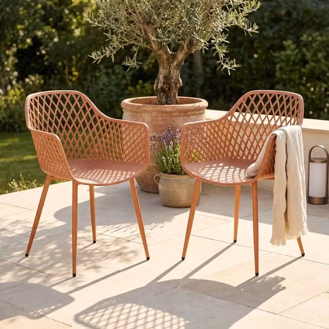 Pair of Modern Geometric Lattice Back Garden Bistro Armchairs in Orange