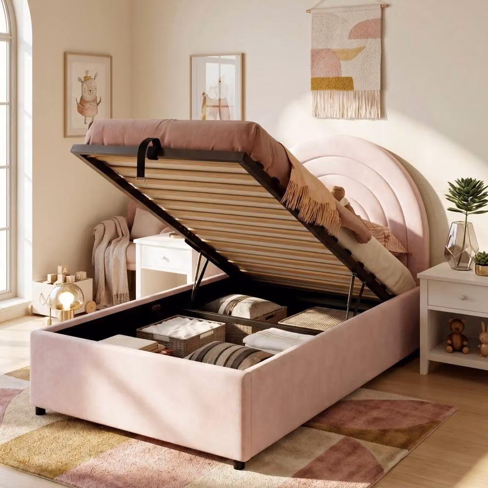 ModernLuxe Kids Single Velvet Upholstered Bed with Hydraulic Storage and Headboard in Pink, W/D/H: 90 x 200 x 150 cm – 3