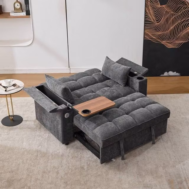 Merax Grey Pull-Out Sofa Bed with Swivel Tray Table and Flip-Top Storage Arms – 1