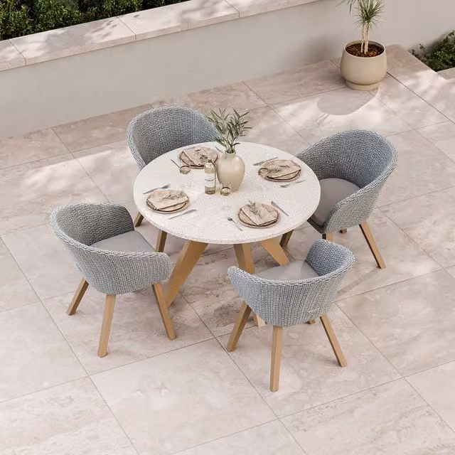 Royalcraft Astral 4 Seater Concrete Terrazzo Dining Set in Beige, Grey and Natural with Acacia Wood and Rattan