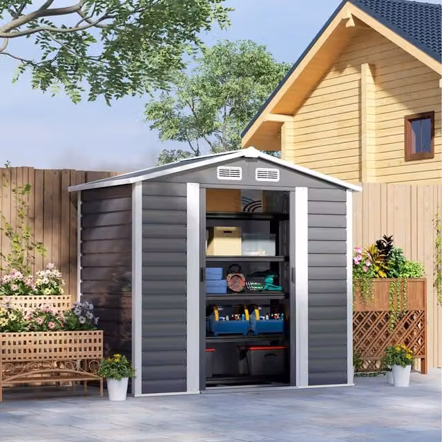 Outsunny Grey Galvanised Steel Metal Garden Shed with Lockable Sliding Doors and Side Vent, W/D/H: 213.36 x 122 x 122 cm