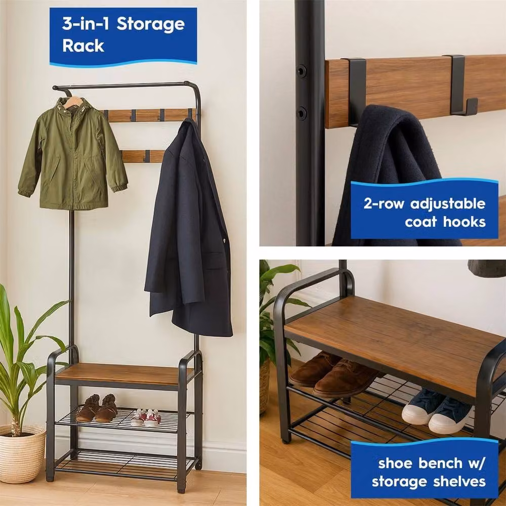 NESTLUNE Brown Steel Industrial Coat Rack and Hat Stand with 9 Hooks and Shoe Storage – 3