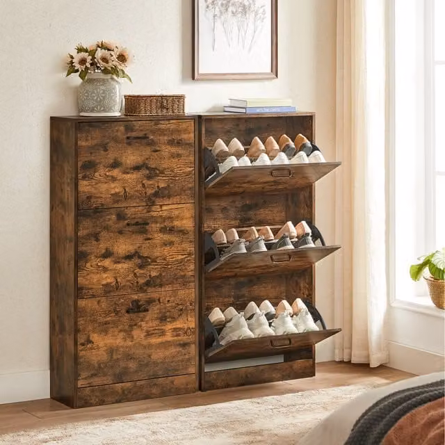VASAGLE Industrial 3-Tier Wooden Shoe Cabinet with 3 Tilting Compartment Doors in Brown or White