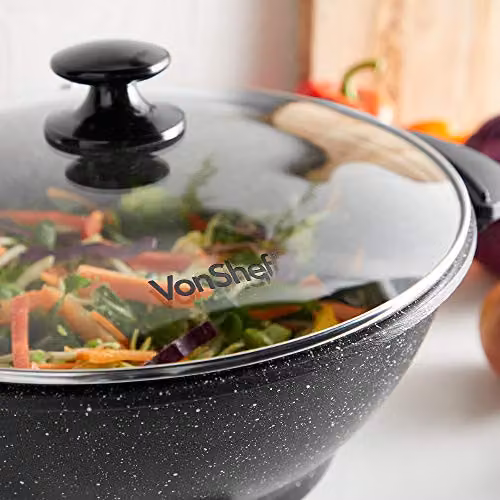 VonShef 1400W Electric Non-Stick Wok with Tempered Glass Lid, 5L Multicooker Skillet in Black – 7