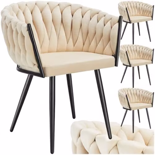 tectake Set of 4 Astano Dining Chairs with Velvet Fabric and Knot Design in Sand and Black