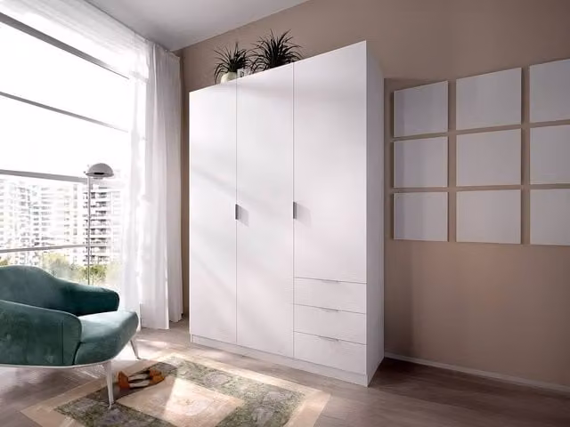 Vente-unique White Corner Wardrobe with 3 Doors and 3 Drawers, W: 121 cm, H: 184 cm, D: 52 cm – 1