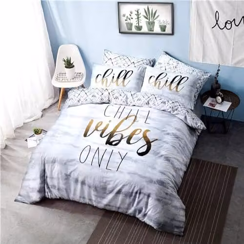 Sleepdown Chill Slogan Double Reversible Duvet Cover, Pillowcase and Fitted Sheet Set in Grey – 1