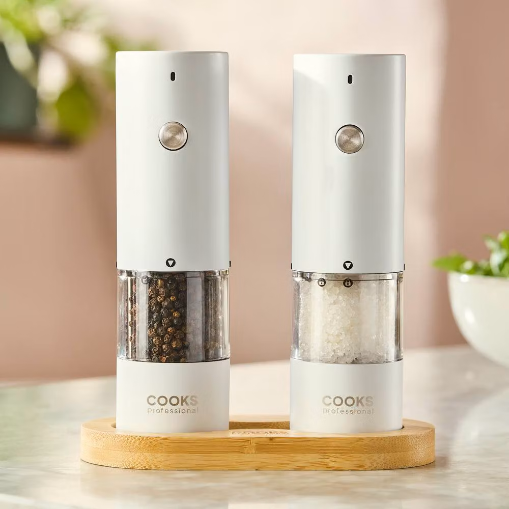 Cooks Professional Rechargeable Stainless Steel Salt and Pepper Mill Set with Bamboo Base in White – 2