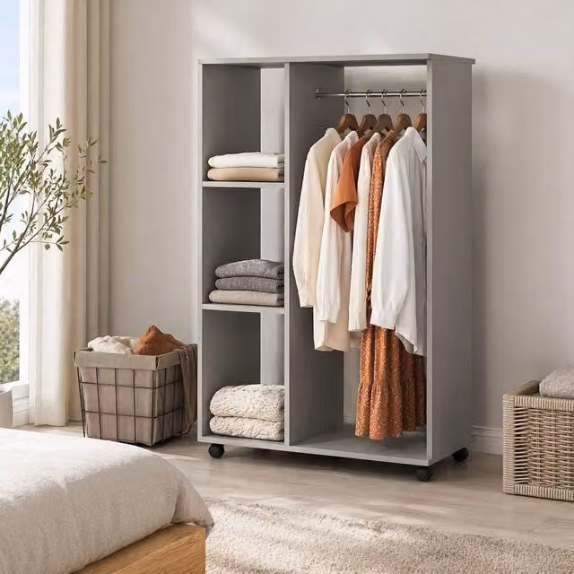 STILVORA Modern Open Wardrobe with Shelves and Wheels in Matt Grey – 1
