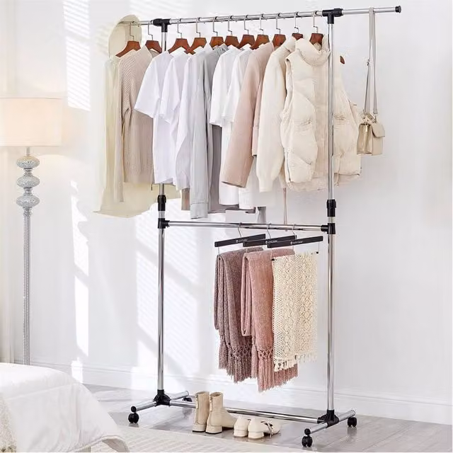 EONLION Silver Chrome Metal Clothes Rail with Continuous Linear Rail and Extendable Top Rail
