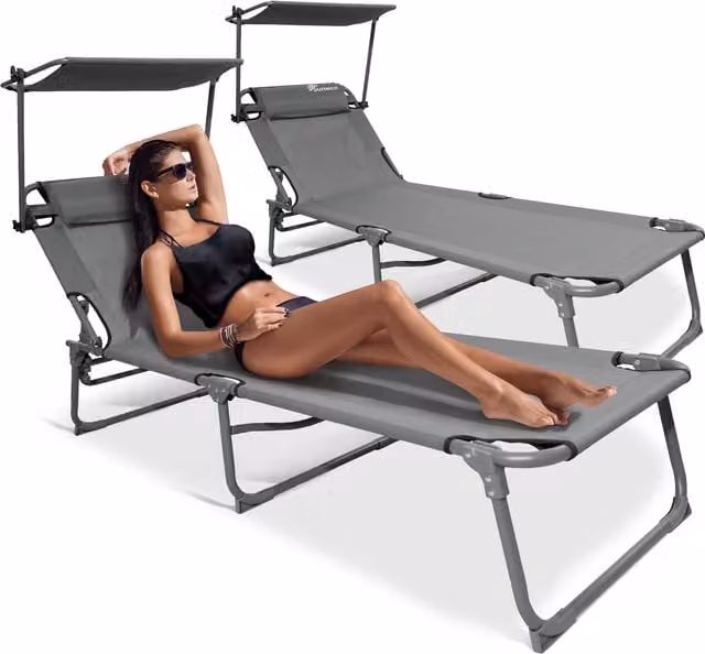 SUNMER Grey Sunbed with Canopy and Adjustable Headrest, W/D/H: 190 x 56 x 30 cm