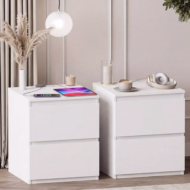 Vida Designs Denver 2 Drawer Large Bedside Chest with Power Outlet, Set of 2, White