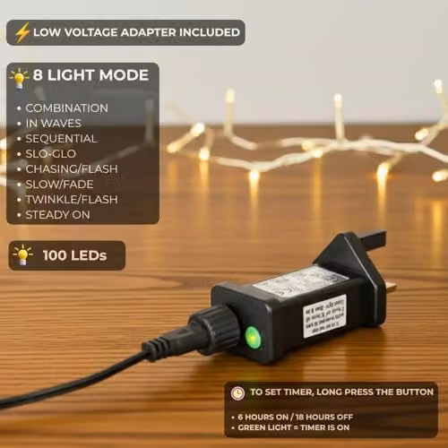 Shatchi Multicolour LED String Lights with 100 LEDs, 10m Length, Mains Powered, 8 Modes, Timer and IP44 Waterproof Rating for Indoor and Outdoor Decor – 7