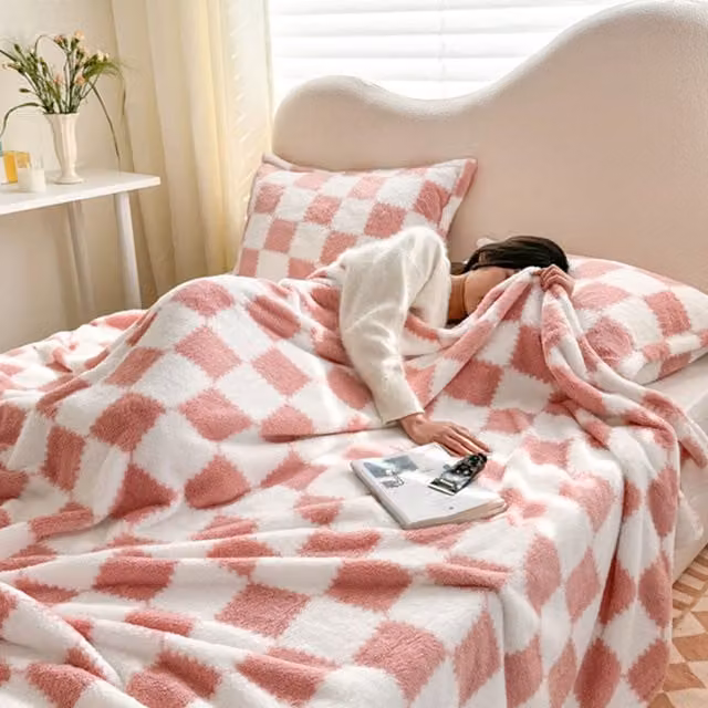 Lifeideas Reversible Checked Fleece Plush Blanket in Pink, Green and White, W: 120 cm, L: 200 cm