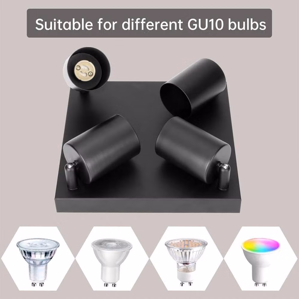 EONLION 4 Way Modern Black Metal Ceiling Spot Light Fitting with Adjustable GU10 LED Sockets – 4