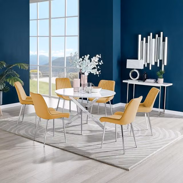 FurnitureboxUK Novara White High Gloss Round Dining Table with 6 Pesaro Silver and Mustard Chairs, Diameter: 120 cm