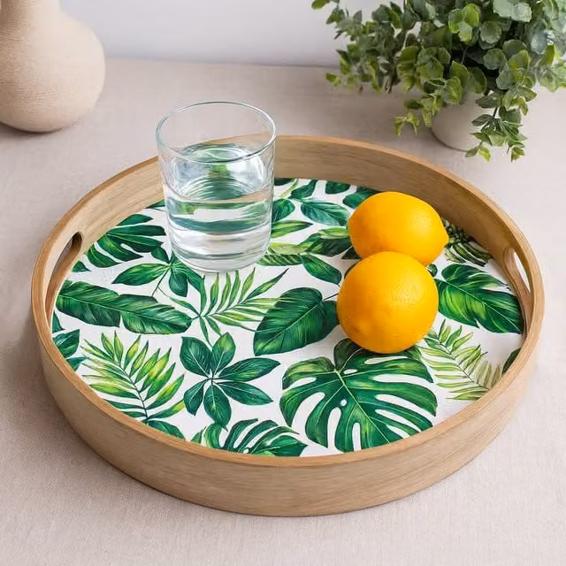 Voltico Round Wooden Garden Serving Tray with Green Floral Leaf Print, Diameter: 35 cm – 1