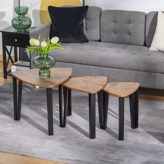 HOMCOM 3 Piece Nested Coffee Table Set in Brown with Industrial Metal and MDF Design
