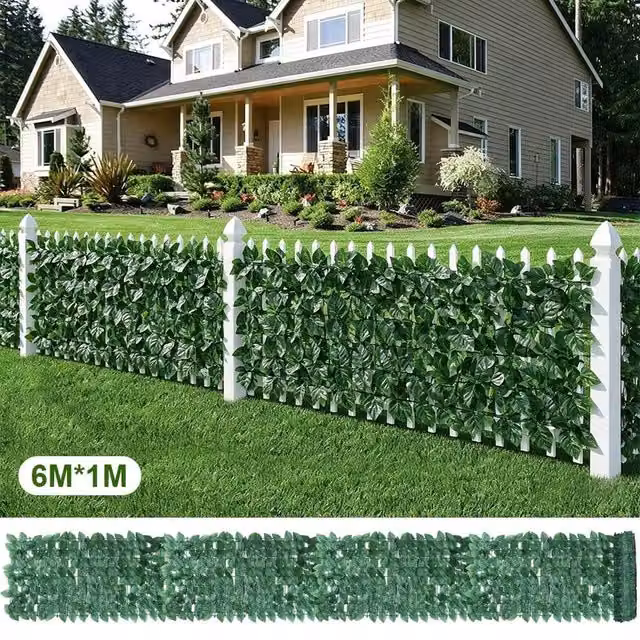 NESTLUNE Green Artificial Ivy Leaf Hedge Mat Roll Privacy Fence Wall Cover, W: 600 cm, H: 100 cm