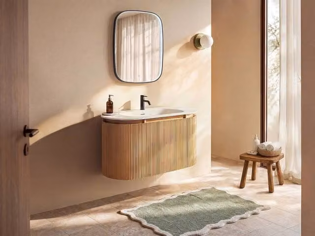 Vente-unique Fluted Ash Wood Wall-Hung Bathroom Unit with Matt White Resin Inset in Light Oak