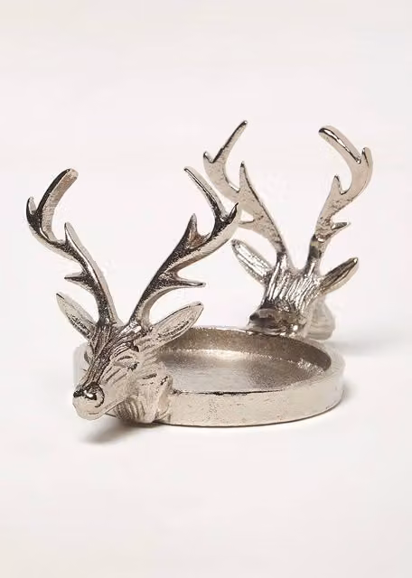 Homescapes Silver Reindeer and Stag Metal Pillar Candle Holder for Christmas Tabletop Decor – 1