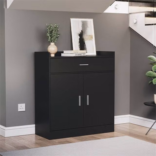 FORGEVIO Black Modern Shoe Rack with 2 Doors and 1 Drawer – 1