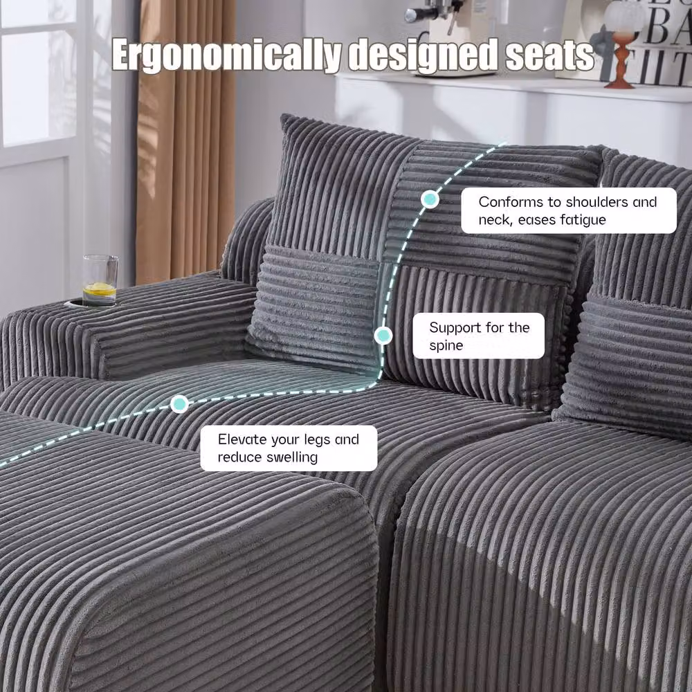 Matteo 4-Seater Modular Corduroy Sofa in Dark Grey with Matching Ottomans and Cup Holders – 2