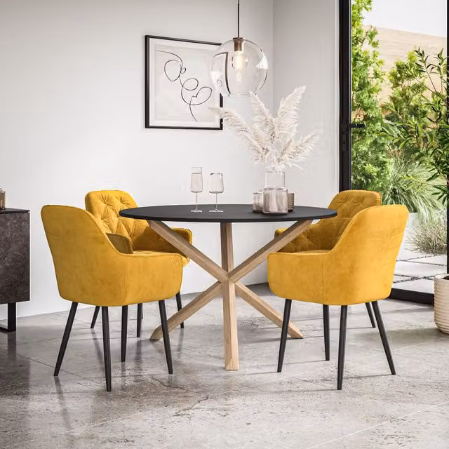 More4Homes Malvern Round Dining Table and Anika Velvet Dining Chair Set, Black Table Top with Solid Oak Legs and 4 Mustard Yellow Chairs, Diameter: 120 cm, Height: 75 cm – 1