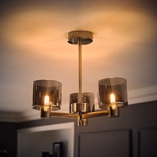 ValueLights Demi 3 Arm Chandelier Ceiling Light with Smoked Glass and Bulbs in Brushed Chrome and Silver