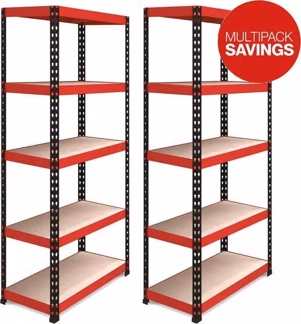 RB Boss Pack of 2 FastLok Freestanding Garage Shelving Racking Units in Red and Black, Height: 180 cm
