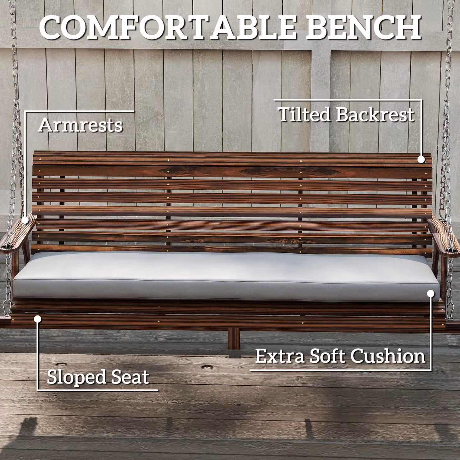 Outsunny 3 Seater Wooden Garden Swing Seat with Cushions and Side Trays, Carbonised Brown – 5