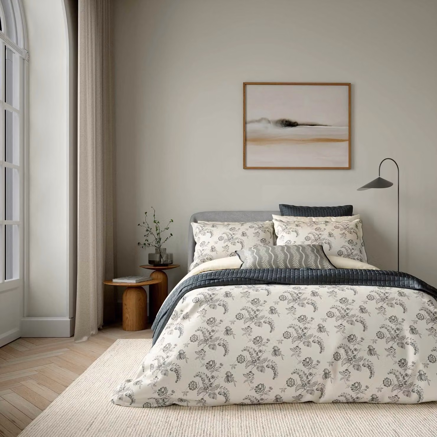 Bedeck of Belfast Ariane Double Duvet Cover Set, Anthracite and White Floral Cotton Percale, W: 140 cm, H: 200 cm – 2
