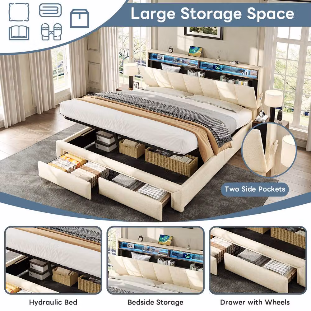 Rolipo King Size Upholstered Bed Frame with Storage, LED Lighting and USB Charging Station in Beige, W/D/H: 180 x 200 cm – 4
