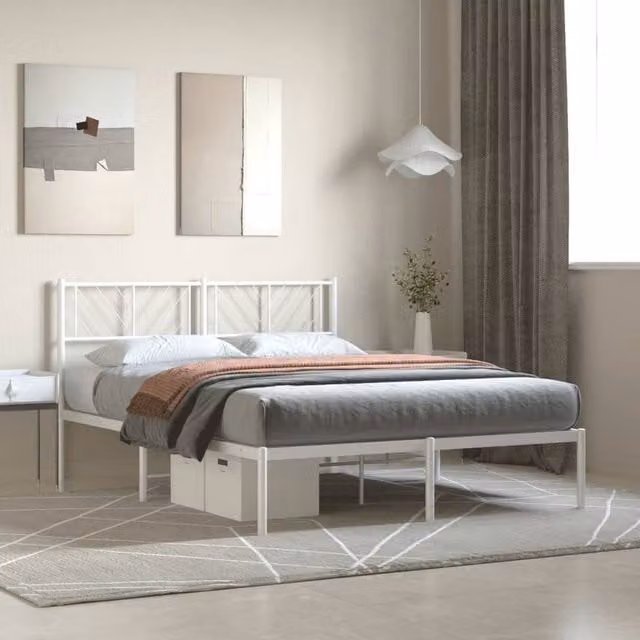 Berkfield Home Metal Bed Frame with Headboard, White, W: 140 cm, L: 200 cm – 1