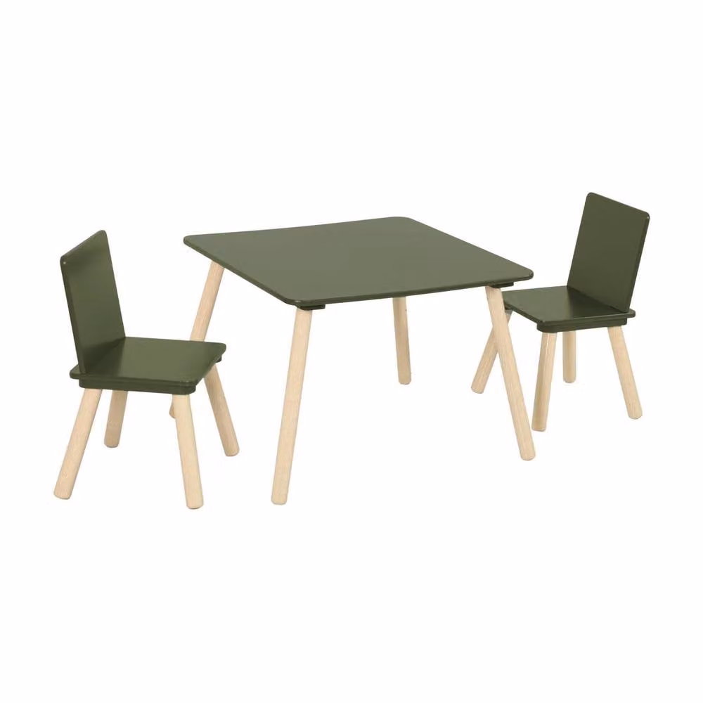 sweeek Children's Square Table and 2 Chairs Set in Dark Green with Pine Legs, W/D/H: 60 x 60 x 43 cm – 2