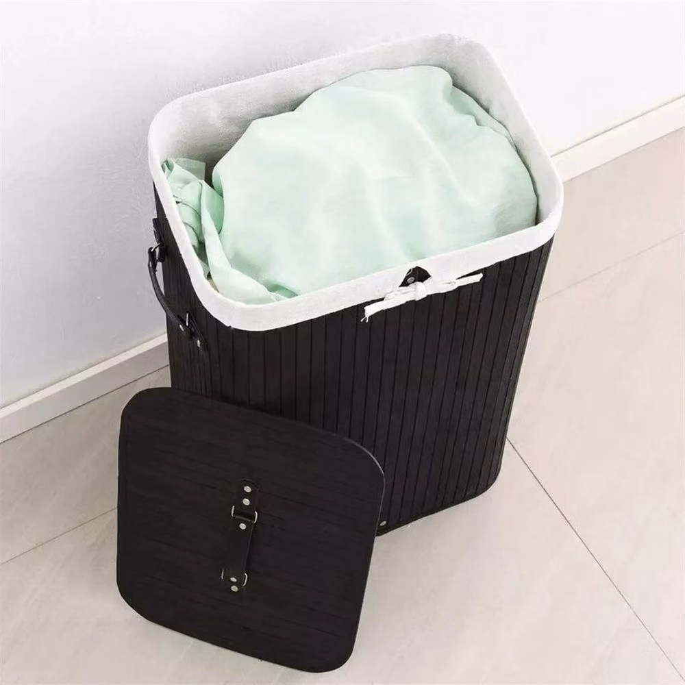 SPETLEK 72L Bamboo Laundry Basket with Lid and Handles, Black, Collapsible – 3