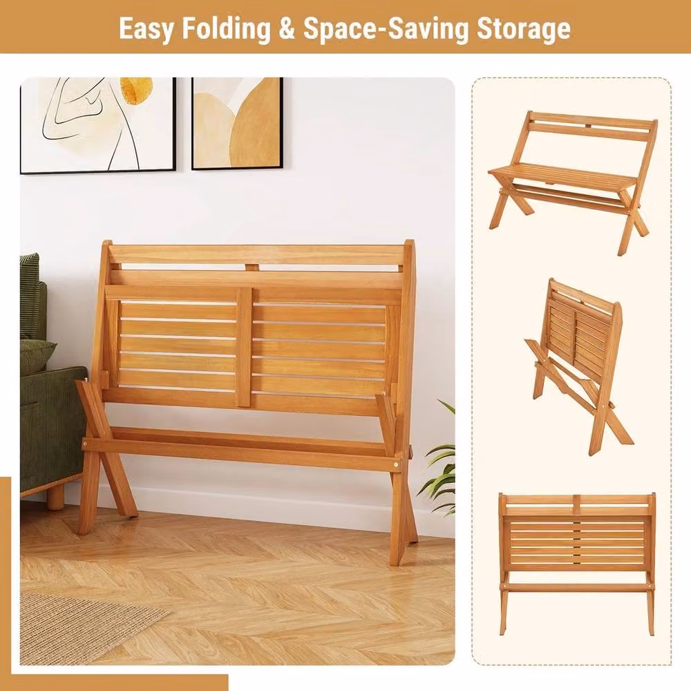 NESTLUNE Folding Acacia Wood Outdoor Bench for 2 Adults in Brown and Beige, W/D/H: 100 x 100 x 80 cm – 5