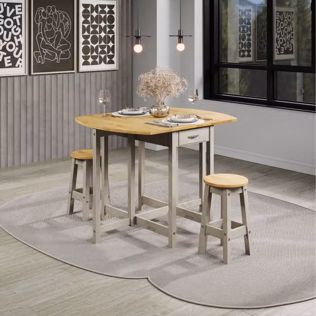 Corona Grey Oval Drop Leaf Gateleg Breakfast Table and 2 Stool Set in Grey Washed Waxed Pine