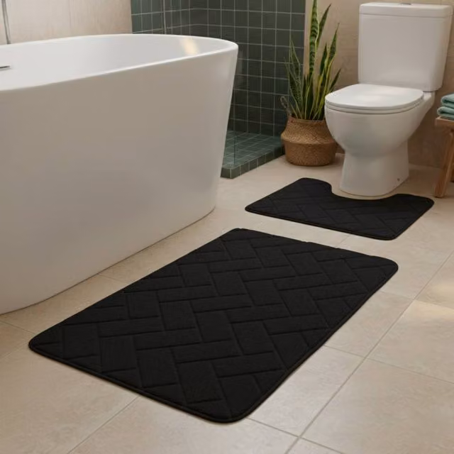 Snug City City Block Design Memory Foam Bath Mat Set in Black, W: 80 cm, D: 50 cm
