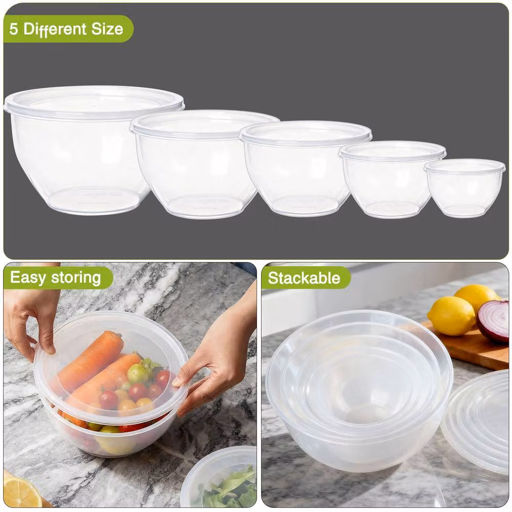 Greentainer 5 Piece Set of Transparent Round Plastic Mixing Bowls with Lids – 3